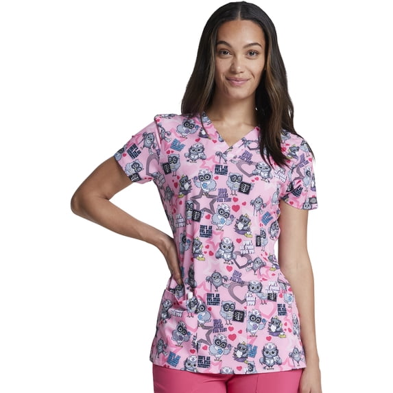 Dickies EDS Scrubs Top For Women V-Neck Print DK717, XL, Hoo Cares For You?