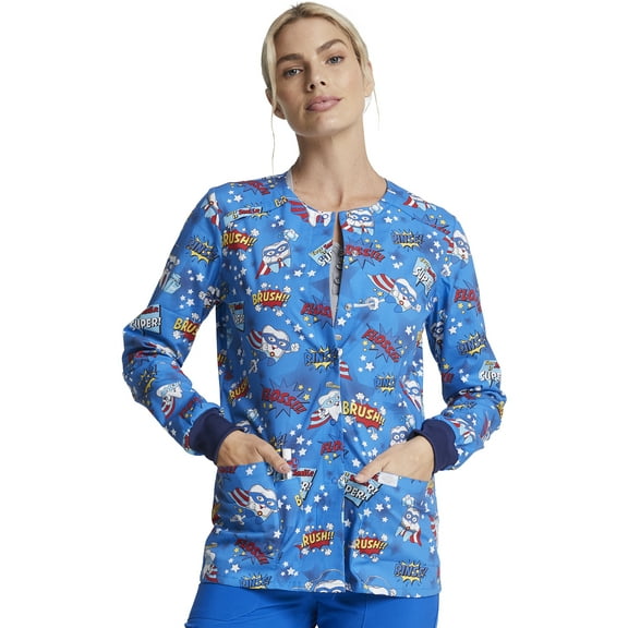 Dickies EDS Warm Up Scrubs Jacket For Women Snap Front DK306, XXS, Super Smile