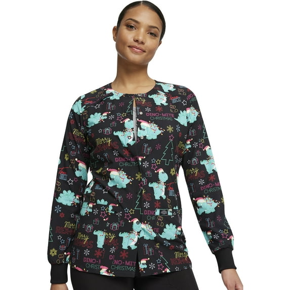 Dickies EDS Warm Up Scrubs Jacket For Women Snap Front DK309, M, Merry Rex-mas