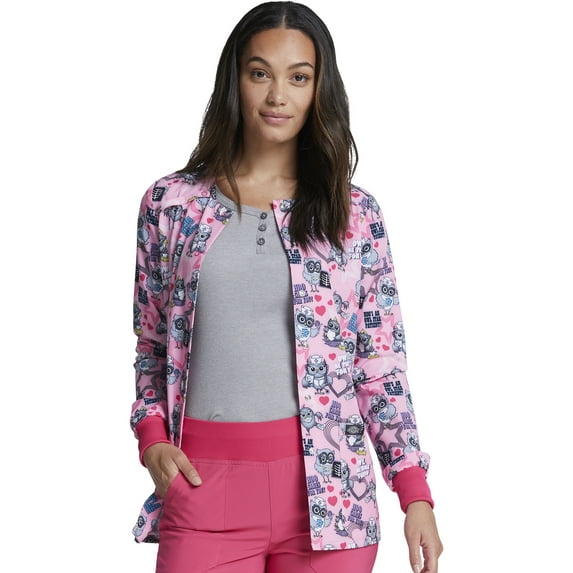 Dickies EDS Warm Up Scrubs Jacket For Women Snap Front DK309, XXS, Hoo Cares For You?