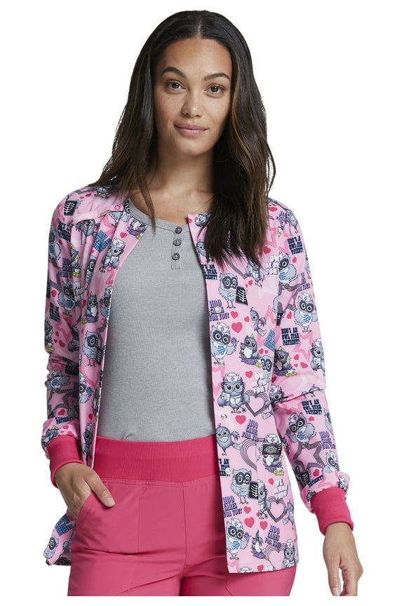 EDS Warm Up Scrubs Jacket For Women Snap Front DK309, XXS, Hoo Cares For You?