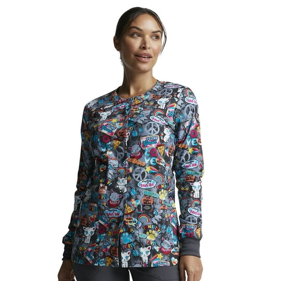 Dickies EDS Warm Up Scrubs Jacket For Women Snap Front Plus Size DK306, 3XL, Pawsitive Vibes
