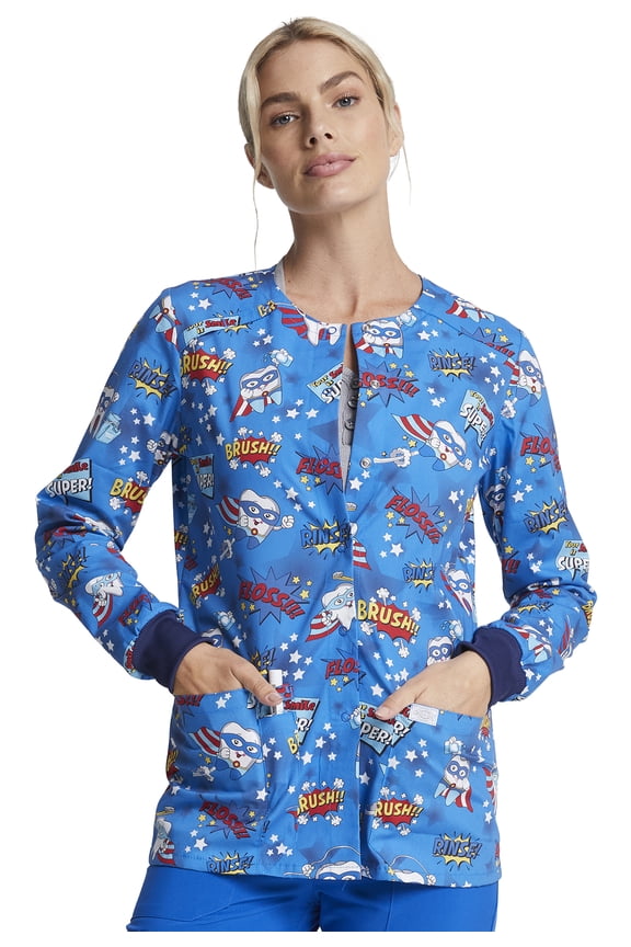 EDS Warm Up Scrubs Jacket For Women Snap Front Plus Size DK306, 3XL, Super Smile