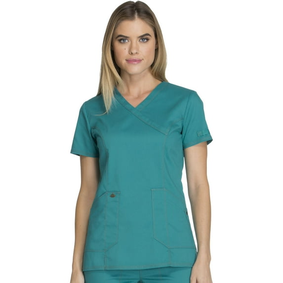 Dickies Essence Medical Scrubs Top for Women Mock Wrap Plus Size DK804, 4XL, Teal Blue