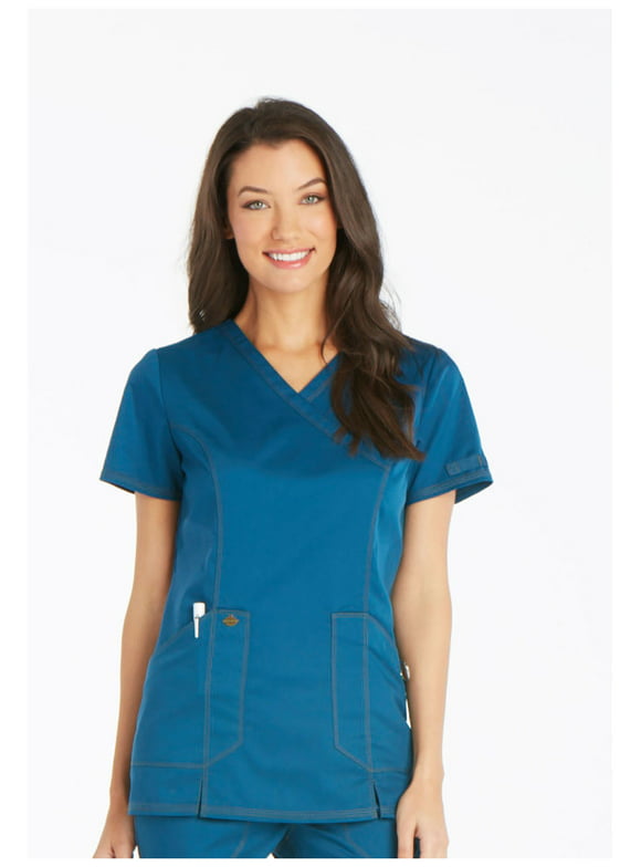 Dickies Essence Medical Scrubs Top for Women Mock Wrap Plus Size DK804, 5XL, Caribbean Blue