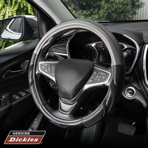 Genuine Dickies Heavy-Duty Vegan Leather Steering Wheel Cover, Black and Gray, Fits 14.5-15.5 in