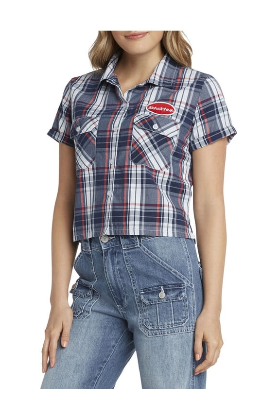 Junior's Women's Short-Sleeve Plaid Cotton Work Shirt (Blue, Small, S)