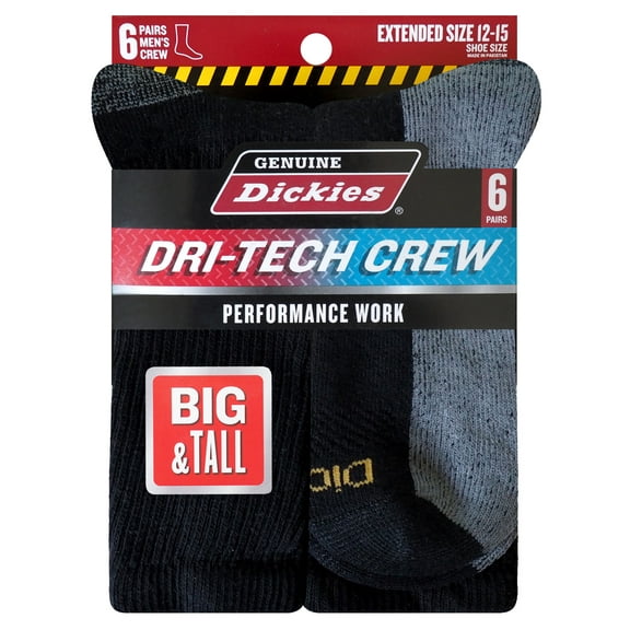 Dickies Men's Dri-Tech Crew Sock, 6-Pack Black Size 12-15