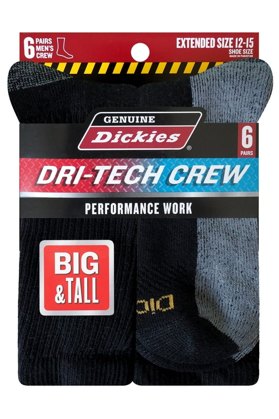 Men's Dri-Tech Crew Sock, 6-Pack Black Size 12-15