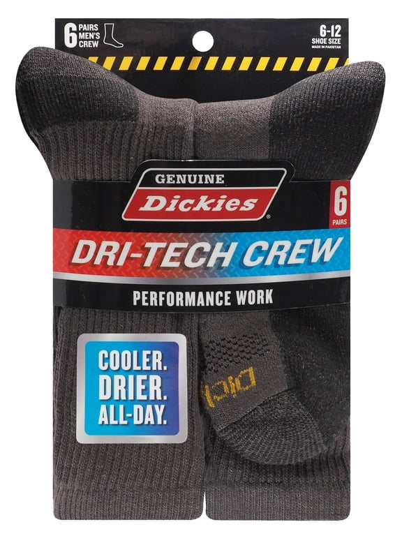 Dickies Men's Dri-Tech Crew Sock, 6 Pack Charcoal Size 6-12