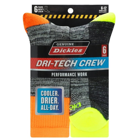 Dickies Men's Dri-Tech Crew Sock, 6-Pack, Hi-Viz Size 6-12