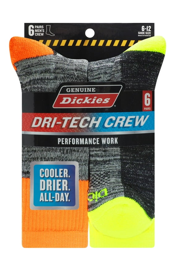 Dickies Men's Dri-Tech Crew Sock, 6-Pack, Hi-Viz Size 6-12