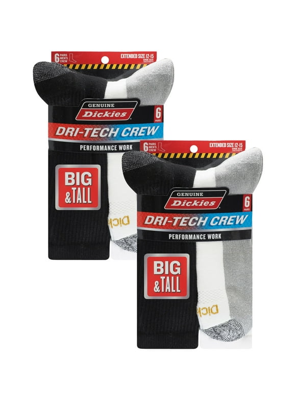 Men's Dri-Tech Crew Socks, 12 pack- Black/White Ext size 12-15