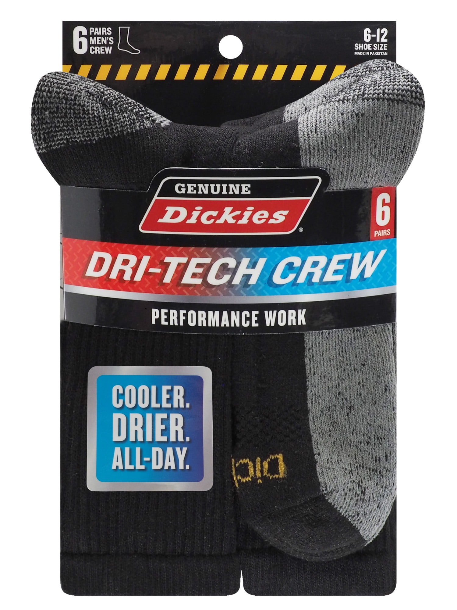 Dickies Men's Dri-Tech Crew Socks, 6-Pack Black Size 6-12