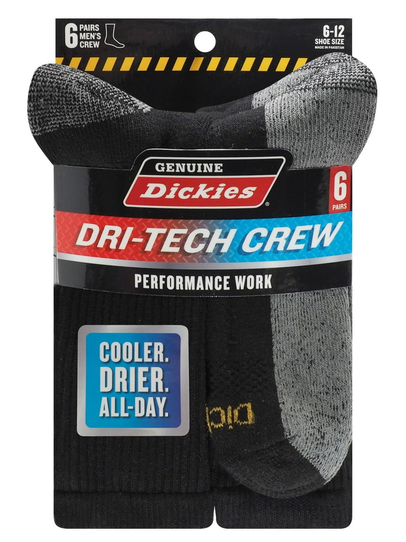 Dickies Men's Dri-Tech Crew Socks, 6-Pack Black Size 6-12