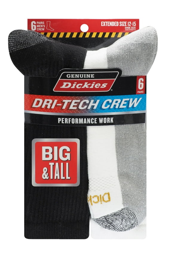 Dickies Men's Dritech Crew Sock, 6 Pack Black/White Size 12-15