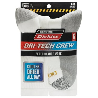 Dickies Men's Dritech Crew Sock, 6 Pack White Greypad Size 6-12