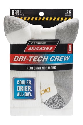 Dickies Men's Dritech Crew Sock, 6 Pack White Greypad Size 6-12