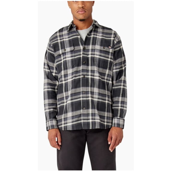 Dickies Men's Flex Plaid Print Long Sleeve Button-Down Flannel Work Shirt Charcoal X-Large