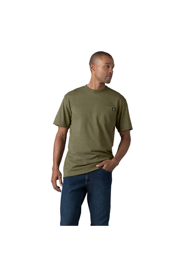 Men's Heavyweight Heathered Short Sleeve Pocket T-Shirt, Millitary Green Single Dye Heather, S