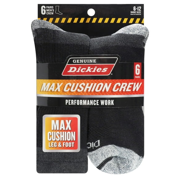 Genuine Dickies Men's Max Cushion Crew Sock, 6 Pack Black Size 6-12
