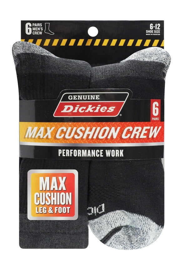 Men's Max Cushion Crew Sock, 6 Pack Black Size 6-12