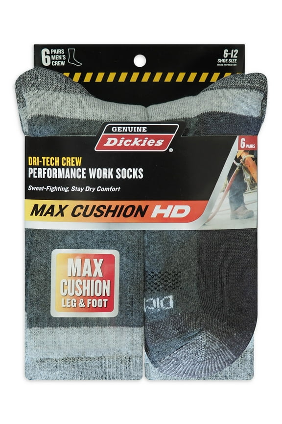 Men's Max Cushion Crew Sock, 6 Pack Charcoal Size 6-12