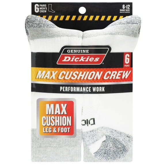 Genuine Dickies Men's Max Cushion Crew Sock, 6 Pack White Size 6-12