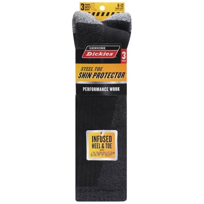 Dickies Men's Shin Protector Boot Crew Sock, 3 Pack Black Size 6-12