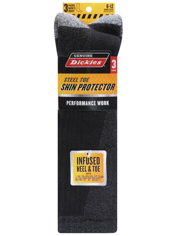 Dickies Men's Shin Protector Boot Crew Sock, 3 Pack Black Size 6-12