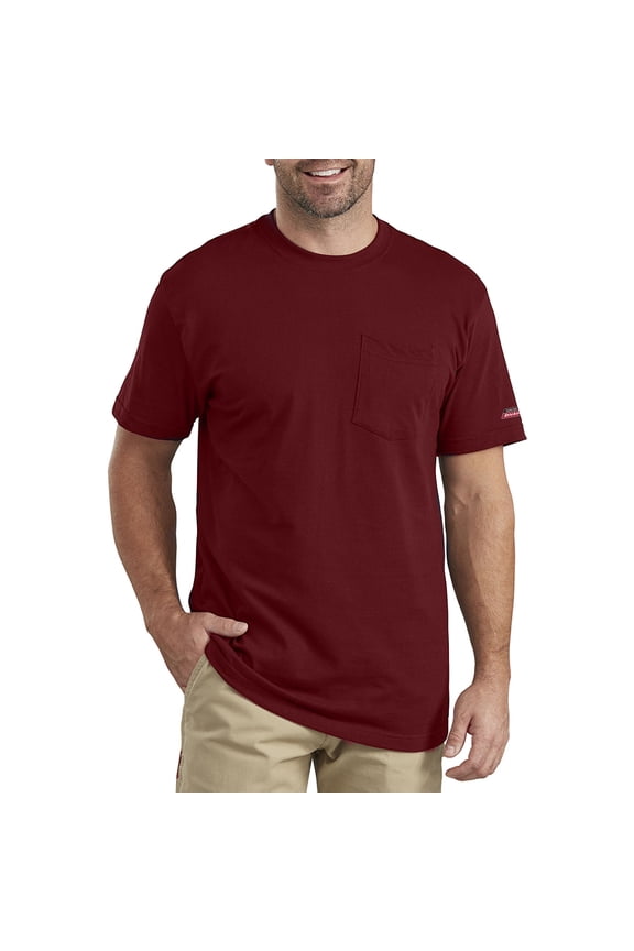 Men's T-Shirt Casual Front Pocket Short Sleeve Crew Neck Workwear Tee, Burgundy, M