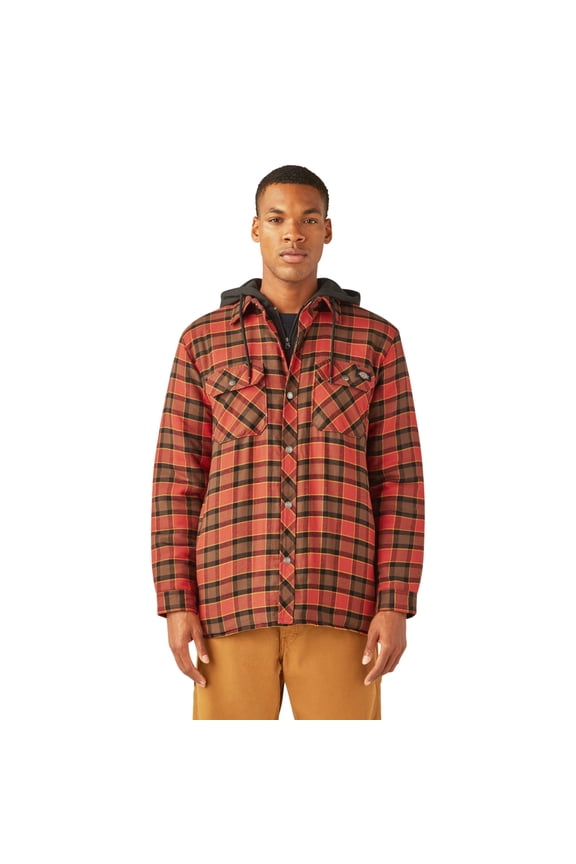 Men's Water Repellent Flannel Hooded Shirt Jacket | Quilted Lined Work Jacket with Fleece Hood & Hand Warmer Pockets