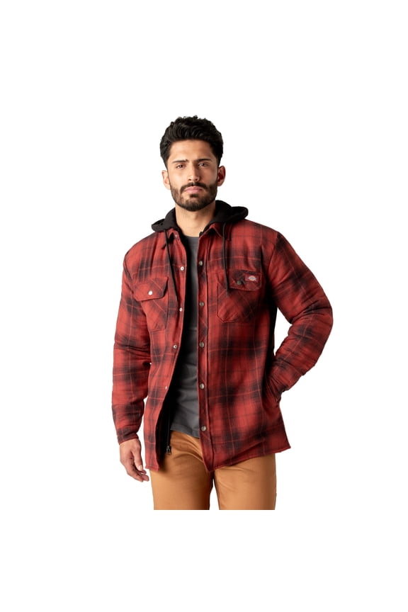 Men's Water Repellent Flannel Hooded Shirt Jacket | Quilted Lined Work Jacket with Fleece Hood & Hand Warmer Pockets