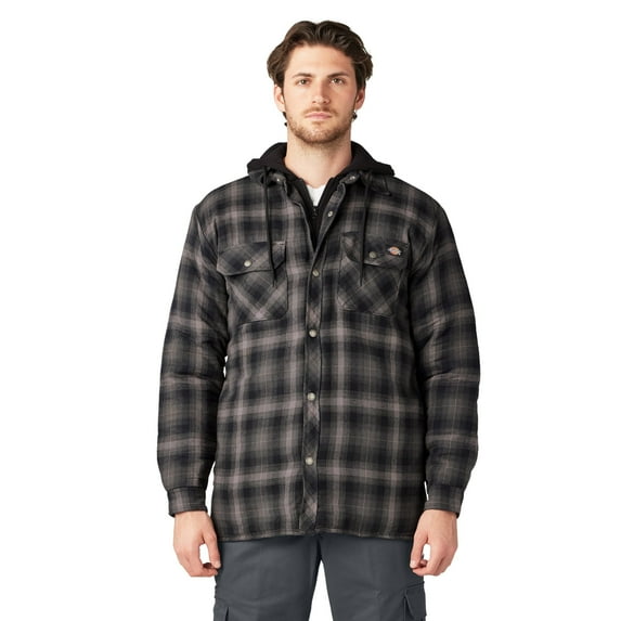 Dickies Men's Water Repellent Flannel Hooded Shirt Jacket | Quilted Lined Work Jacket with Fleece Hood & Hand Warmer Pockets