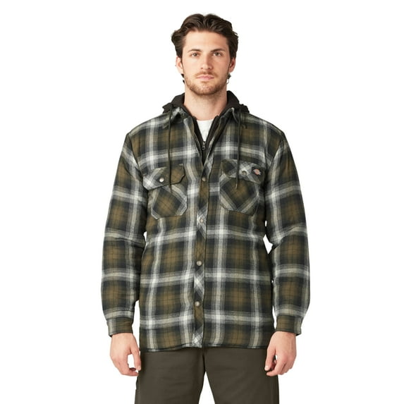 Dickies Men's Water Repellent Flannel Hooded Shirt Jacket | Quilted Lined Work Jacket with Fleece Hood & Hand Warmer Pockets