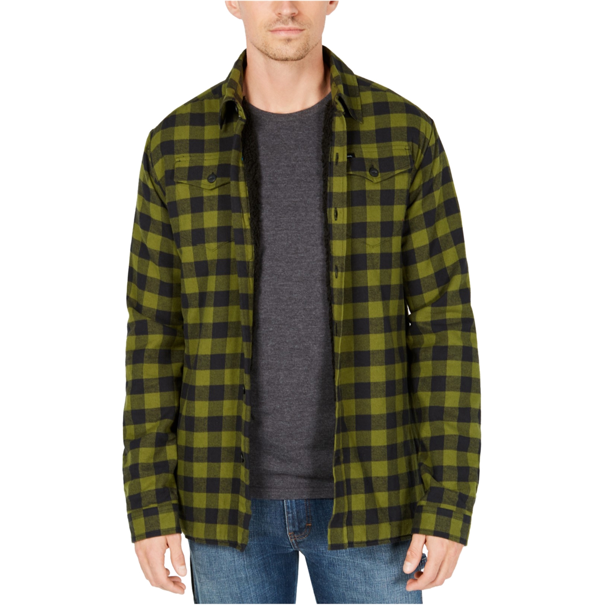 Dickies Mens Fleece Plaid Shirt Jacket, Green, Small