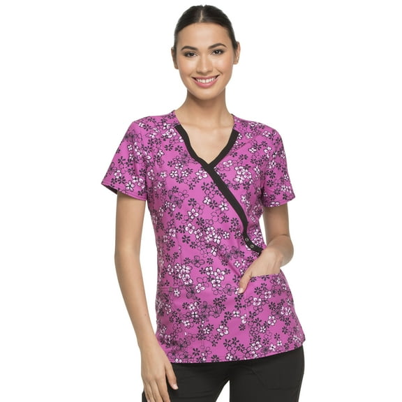 Dickies Prints Medical Scrubs Top for Women Mock Wrap DK714, XS, Daisy Chain