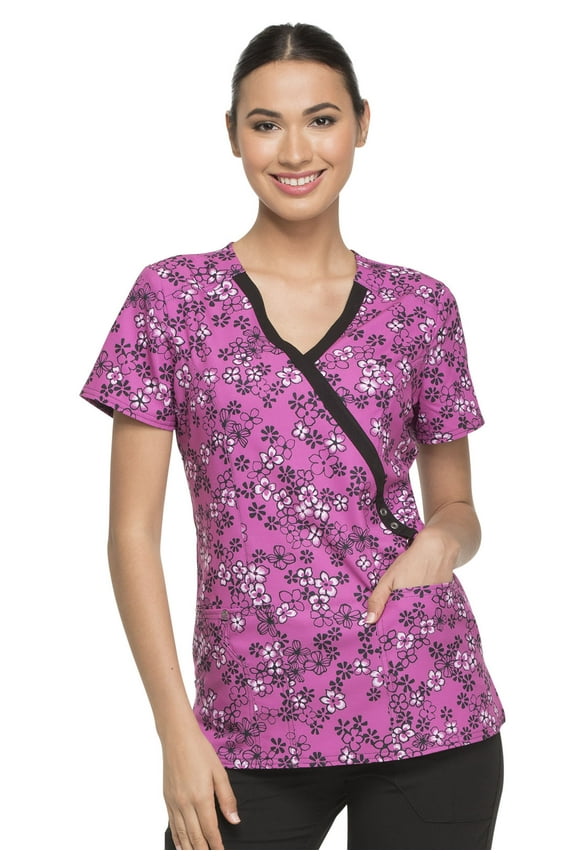 Prints Medical Scrubs Top for Women Mock Wrap DK714, XS, Daisy Chain