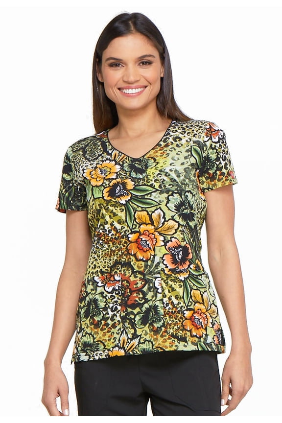 Prints Medical Scrubs Top for Women V-Neck DK701, S, Prowling Petals