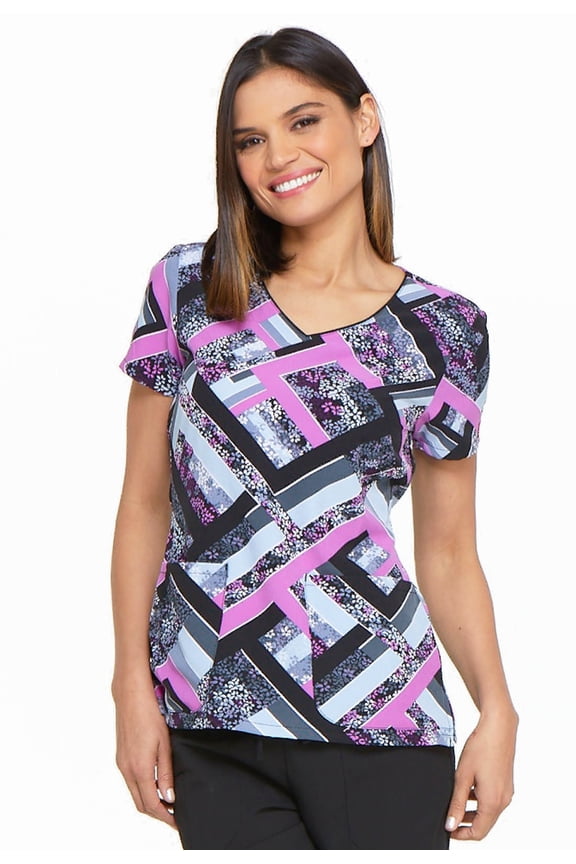 Prints Medical Scrubs Top for Women V-Neck DK701, XS, Grid Garden