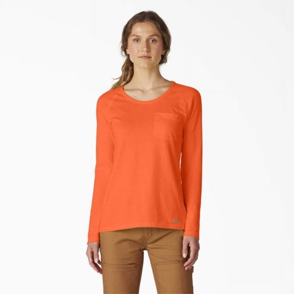 Dickies Women's Cooling Long Sleeve Pocket T-Shirt, Bright Orange, M
