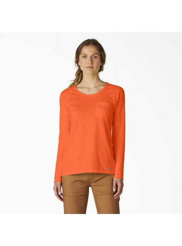 Dickies Women's Cooling Long Sleeve Pocket T-Shirt, Bright Orange, S