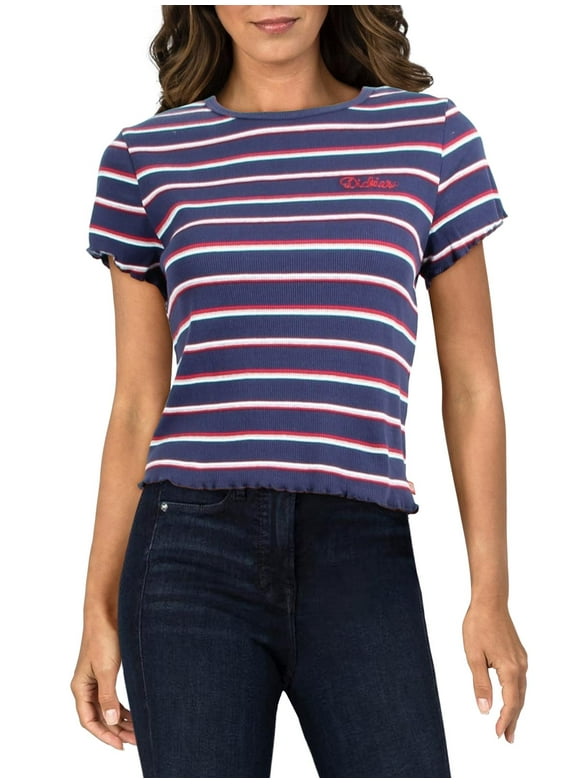 Dickies Women's Striped Baby T-Shirt Blue Size Large