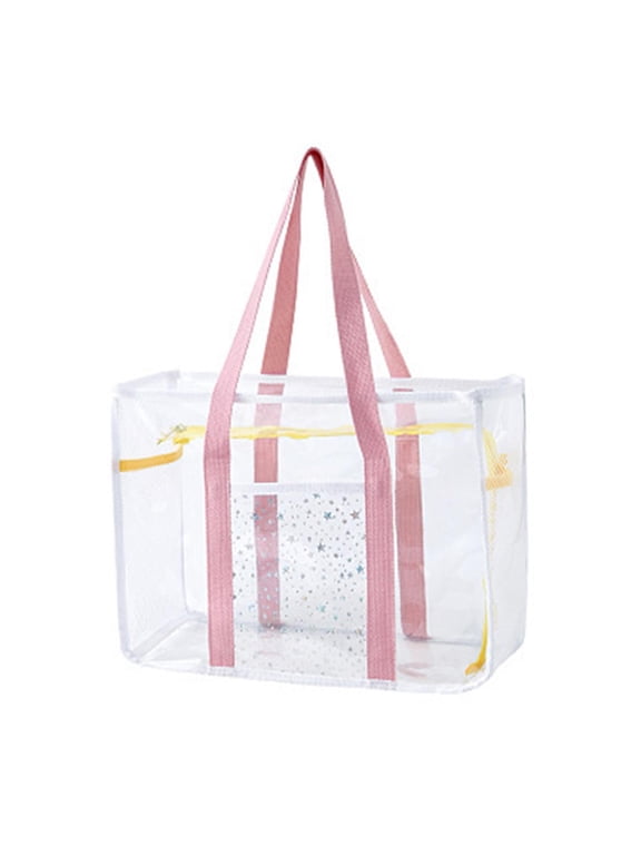Clear Tote Bag Beach Tote Zipper Closure Casual PVC Women Handbag Clear Shoulder Pink