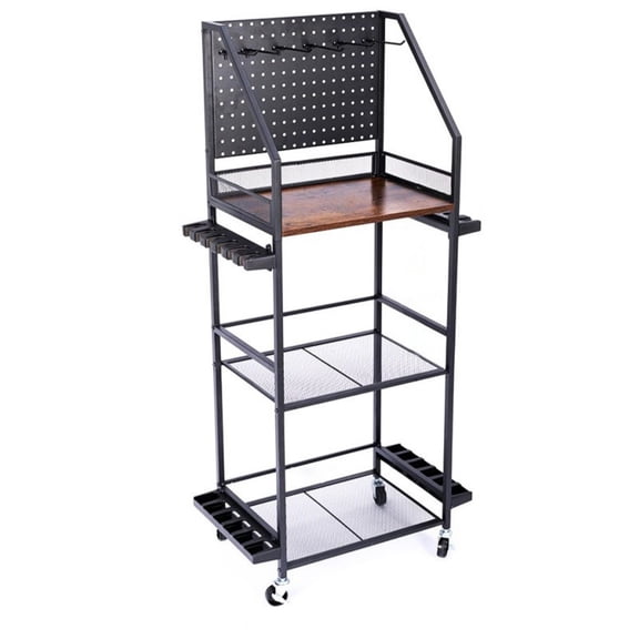 Dickly Fishing Rod Caddy Pegboard Cart Mobile Metal Construction with Rolling Casters for Garage Workshop and Angler Use