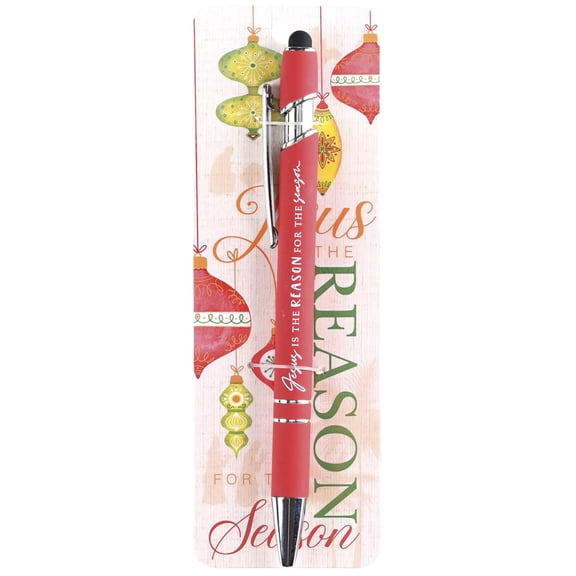 Dickson's Jesus Is The Reason for The Season - 5.5 Inch Red Metal Rollerball Ink Pen with Ornament Design Bookmark
