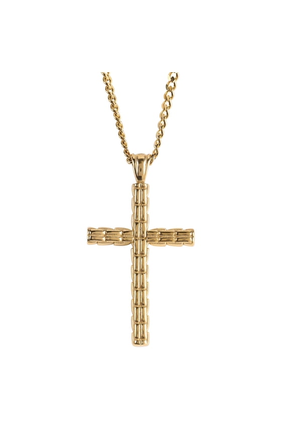 - 1.75 Inch Link Box Cross Charm - 24 Inch Gold Plated Stainless Steel Curb Chain Men's Necklace