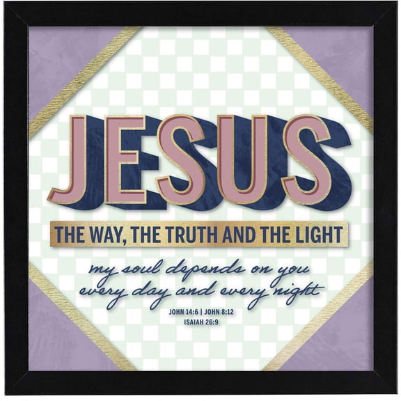 Dicksons 10 x 10 inch Inspirational JESUS Typography Black Framed Wall Art Sign - John 14:6 'The Way, The Truth and The Light' Mint Check Gold Chevron Plaque Christian Decor