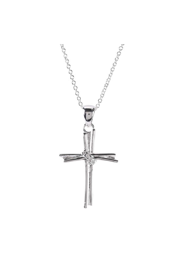 18 inch Unique Silver-Toned Wrapped Cross Necklace for Women Textured Design with Central CZ Stone Faith Jewelry