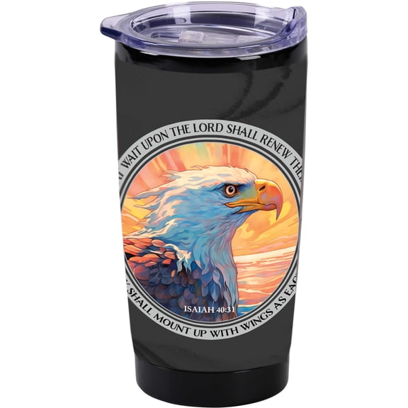 Dicksons 20 ounce Stainless Steel Insulated Travel Tumbler with Clear Acrylic Lid - Isaiah 40:31 'Mount Up with Wings as Eagles' Soaring Bald Eagle Sunset Horizon Coffee Mug, Christian Gift